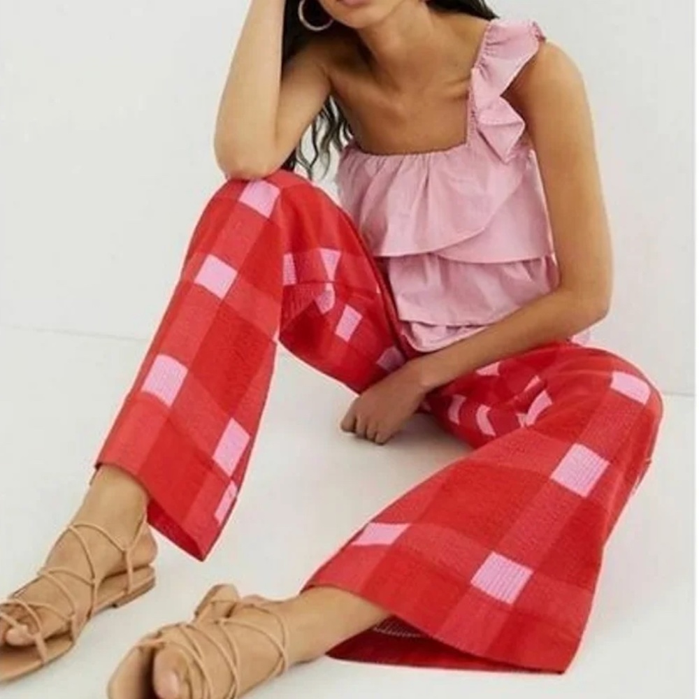 Anthropologie Pink & Red Preppy Plaid Wide Leg Pants - M